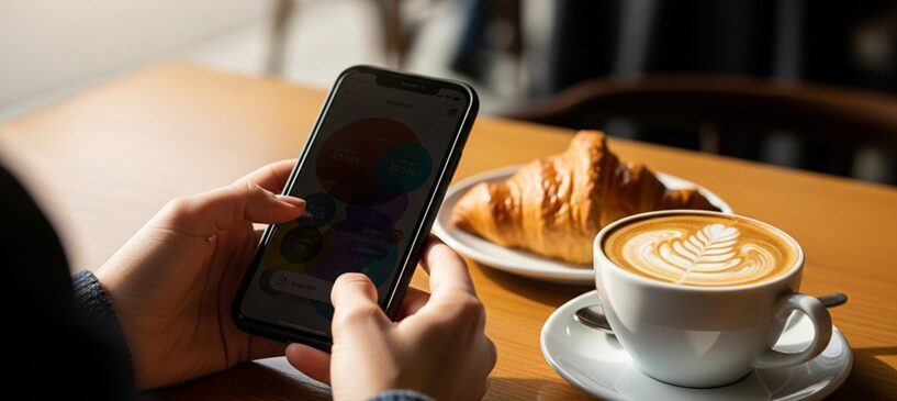 カフェのテーブルでお洒落なラテの隣に置かれたスマートフォン。画面にはポイントが貯まっていく様子が映し出されている。