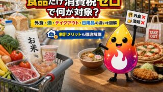 【つまずき救済】食品だけ消費税ゼロで何が対象？外食・酒・テイクアウト・日用品の違いを解説