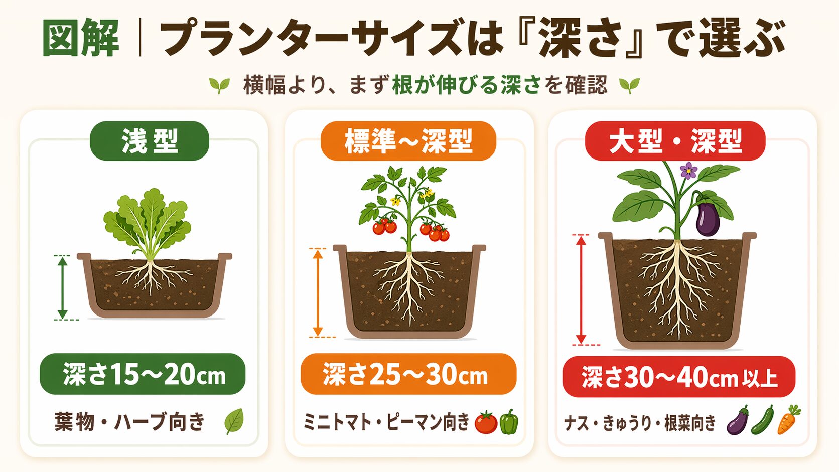プランターサイズは深さで選ぶ図解。浅型は深さ15〜20cmで葉物・ハーブ向き、標準〜深型は深さ25〜30cmでミニトマト・ピーマン向き、大型・深型は深さ30〜40cm以上でナス・きゅうり・根菜向き。