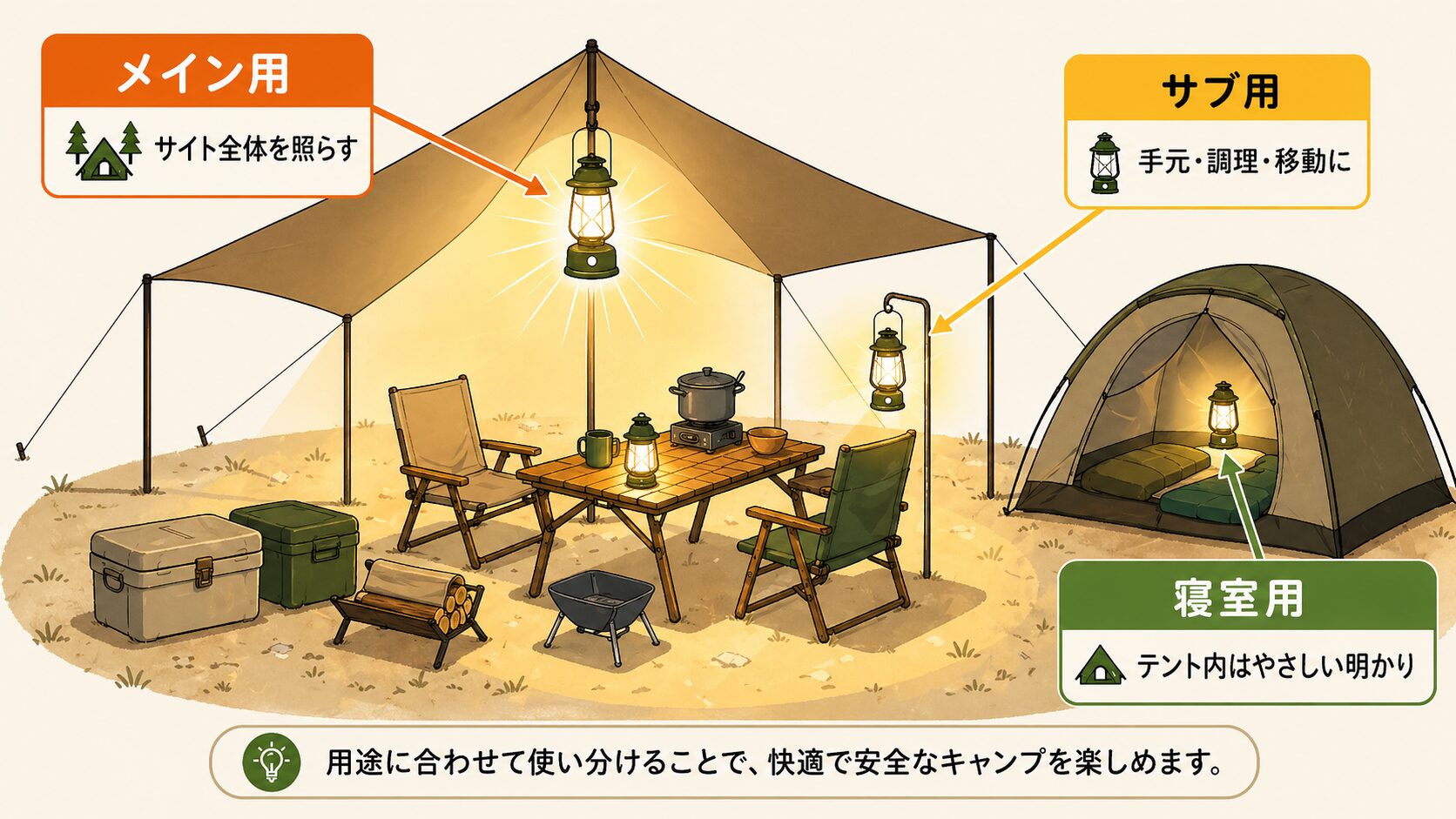 キャンプ用ランタンのメイン用・サブ用・寝室用の役割を図解した画像