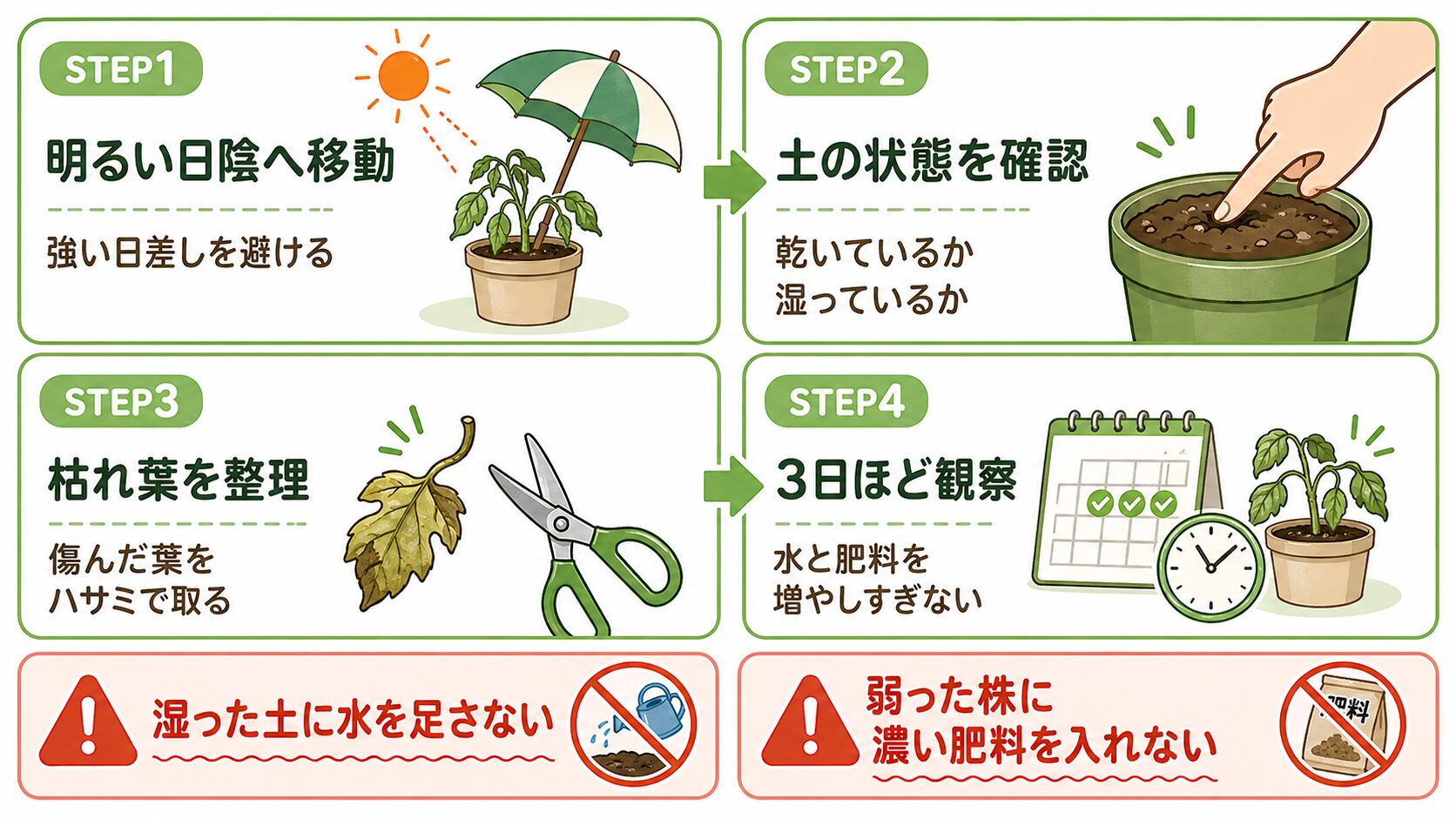 枯れそうな野菜を復活させる応急処置4ステップの図解