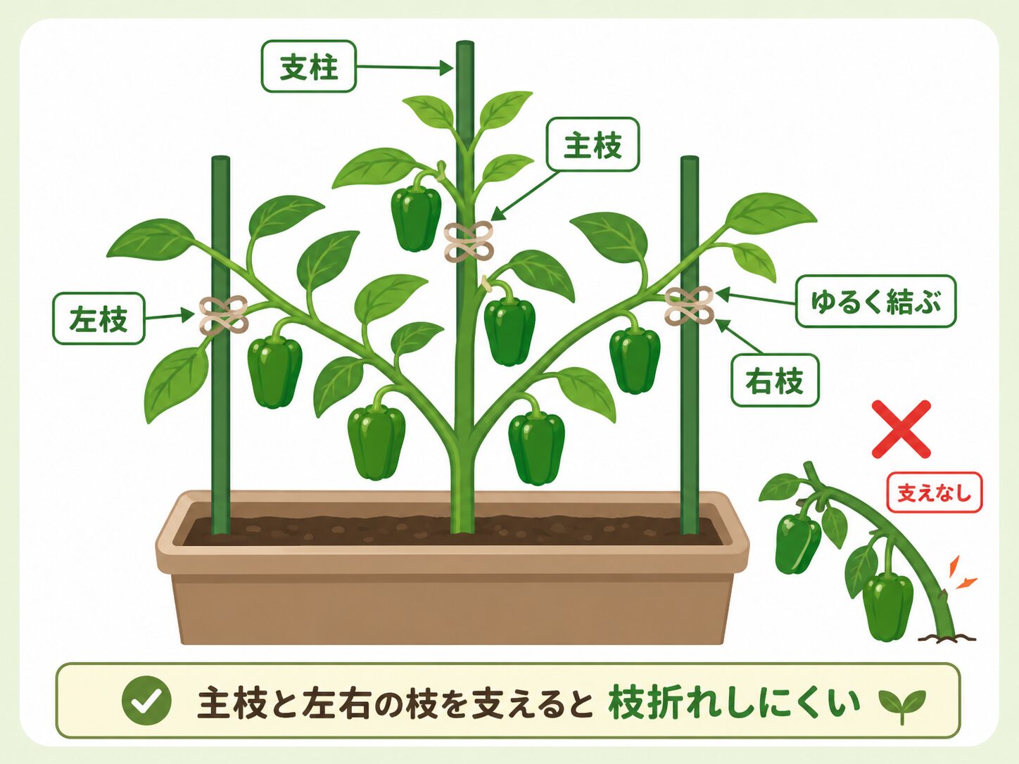 ピーマンの支柱と3本仕立ての図解