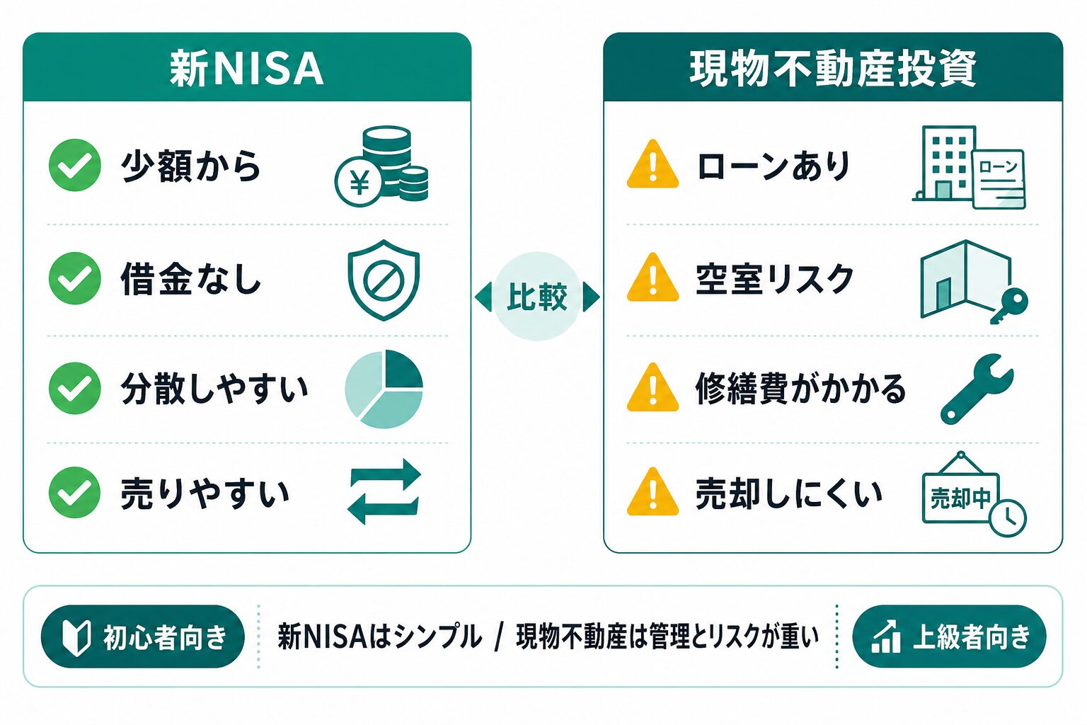 新NISAと現物不動産投資の違いを比較した図解。新NISAは少額から始めやすく、借金なしで分散しやすい一方、現物不動産投資はローン、空室リスク、修繕費、売却しにくさがあることを示している。