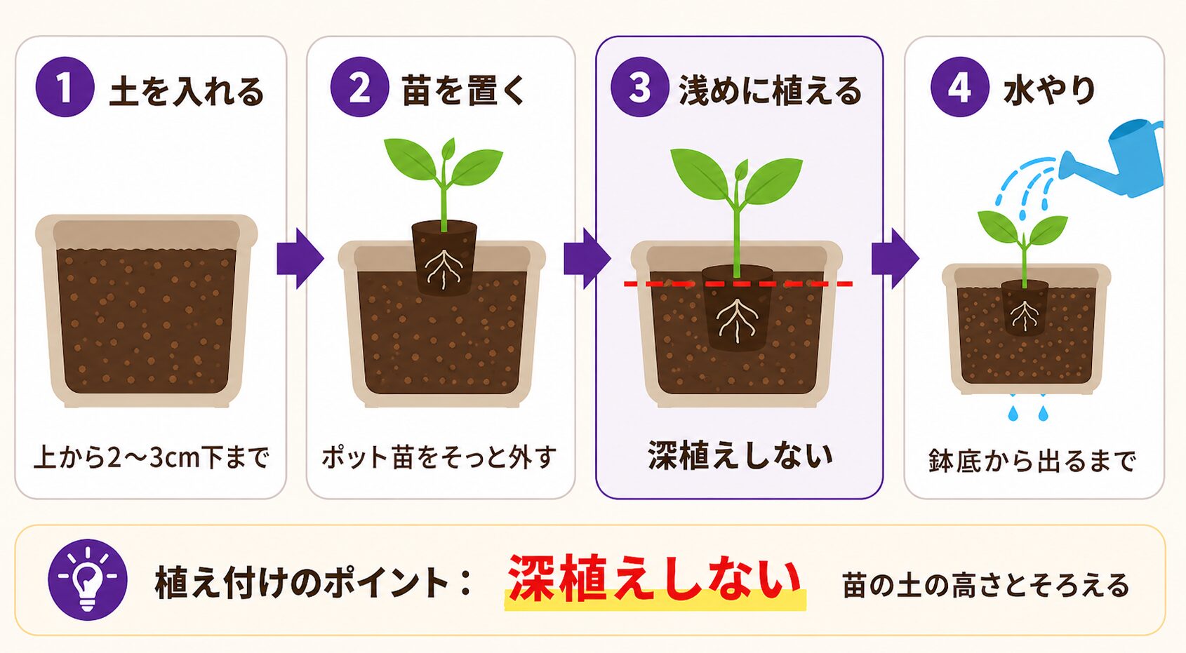 ナスのプランター栽培の植え付け手順。土を入れる、苗を置く、浅めに植える、水やりの順番を示した図解