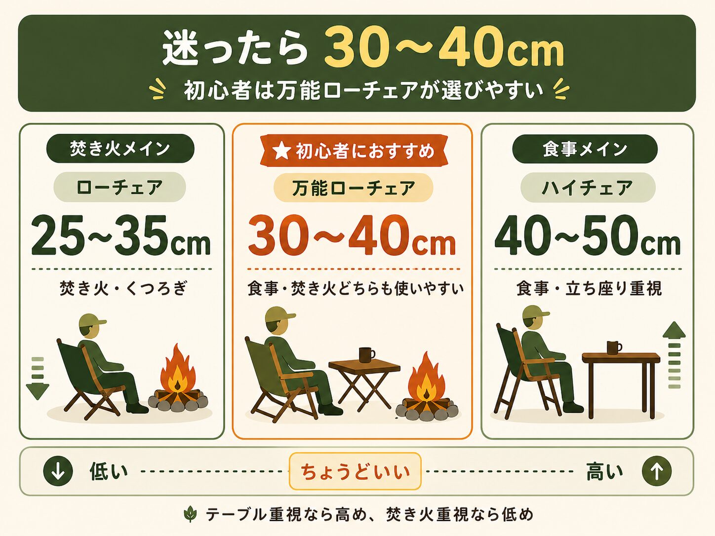 キャンプチェアの高さの選び方。焚き火メインは25〜35cm、初心者は30〜40cm、食事メインは40〜50cmが目安