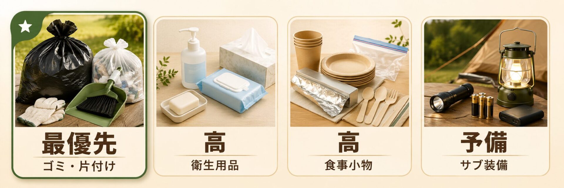 100均でそろえる優先度。ゴミ・片付け、衛生用品、食事小物、サブ装備の優先度を示した図