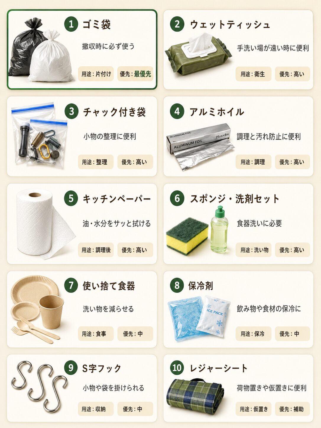 キャンプ初心者が100均で買うべき10個の道具と使い方を一覧で示した早見表