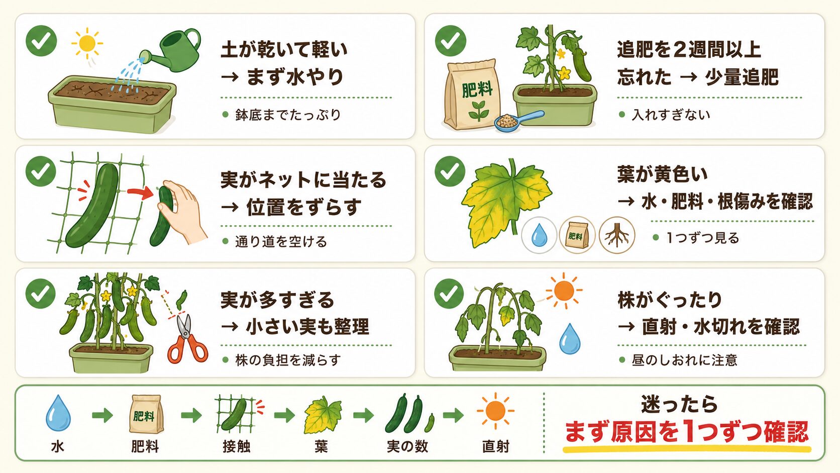曲がったきゅうりの原因を1分で確認するチェックリスト図解