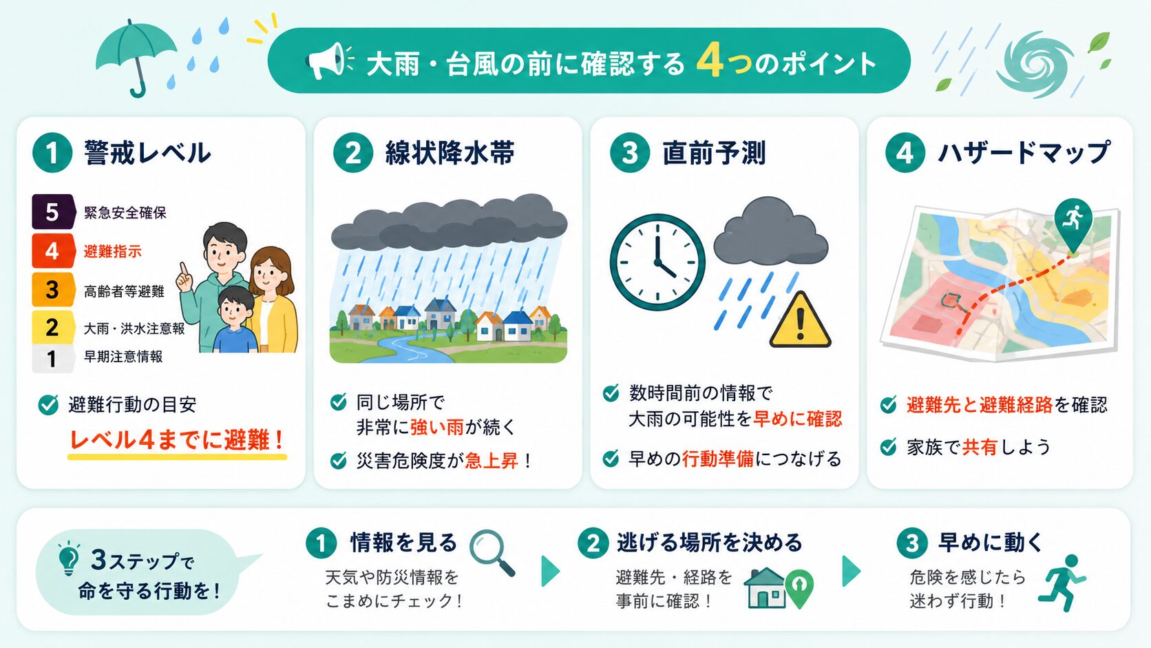 大雨や台風時に確認したい警戒レベル、線状降水帯、直前予測、ハザードマップの図解