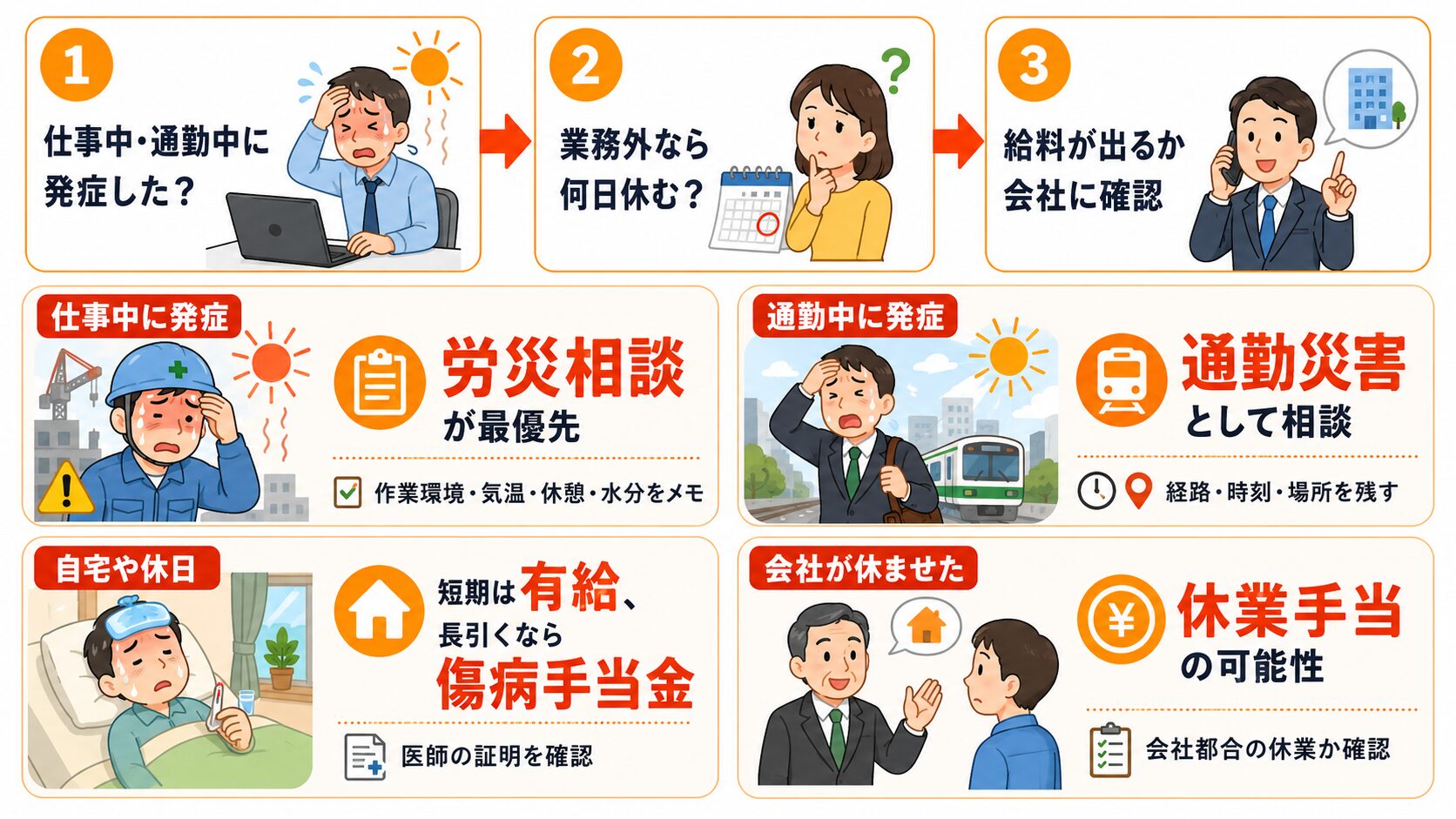 熱中症で会社を休んだときに使う制度を判断する3ステップ。仕事中・通勤中に発症したか、業務外なら何日休むか、給与が出るか会社に確認する流れ。