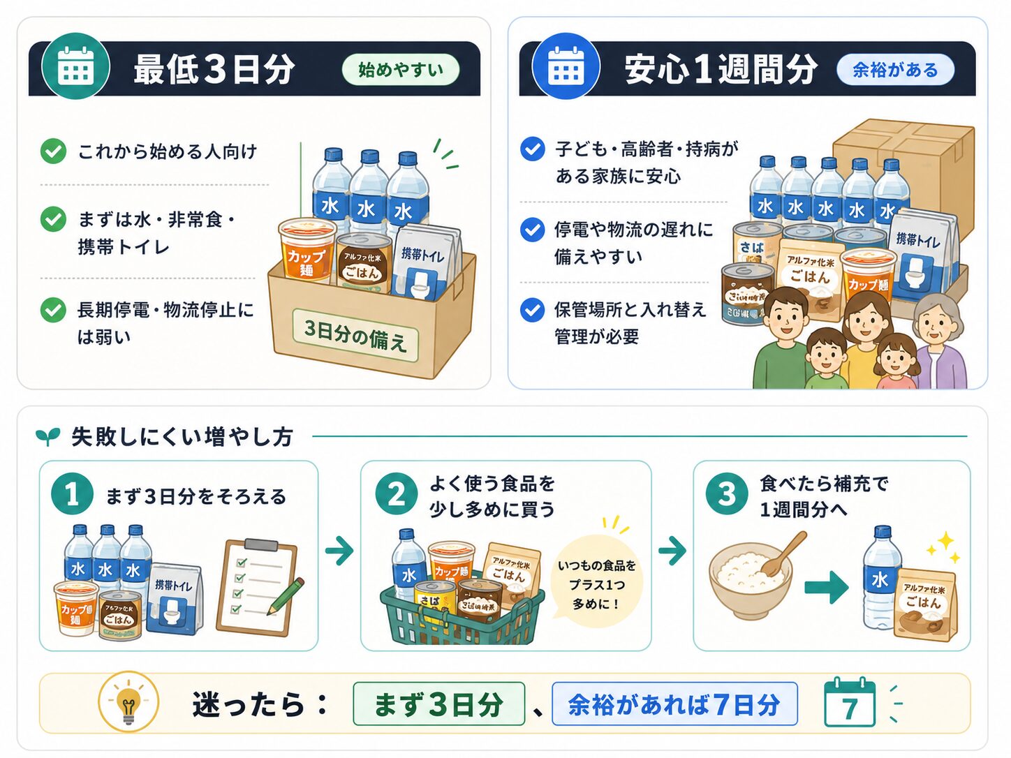 防災備蓄はまず3日分から始め、余裕があれば1週間分へ増やす考え方の図解