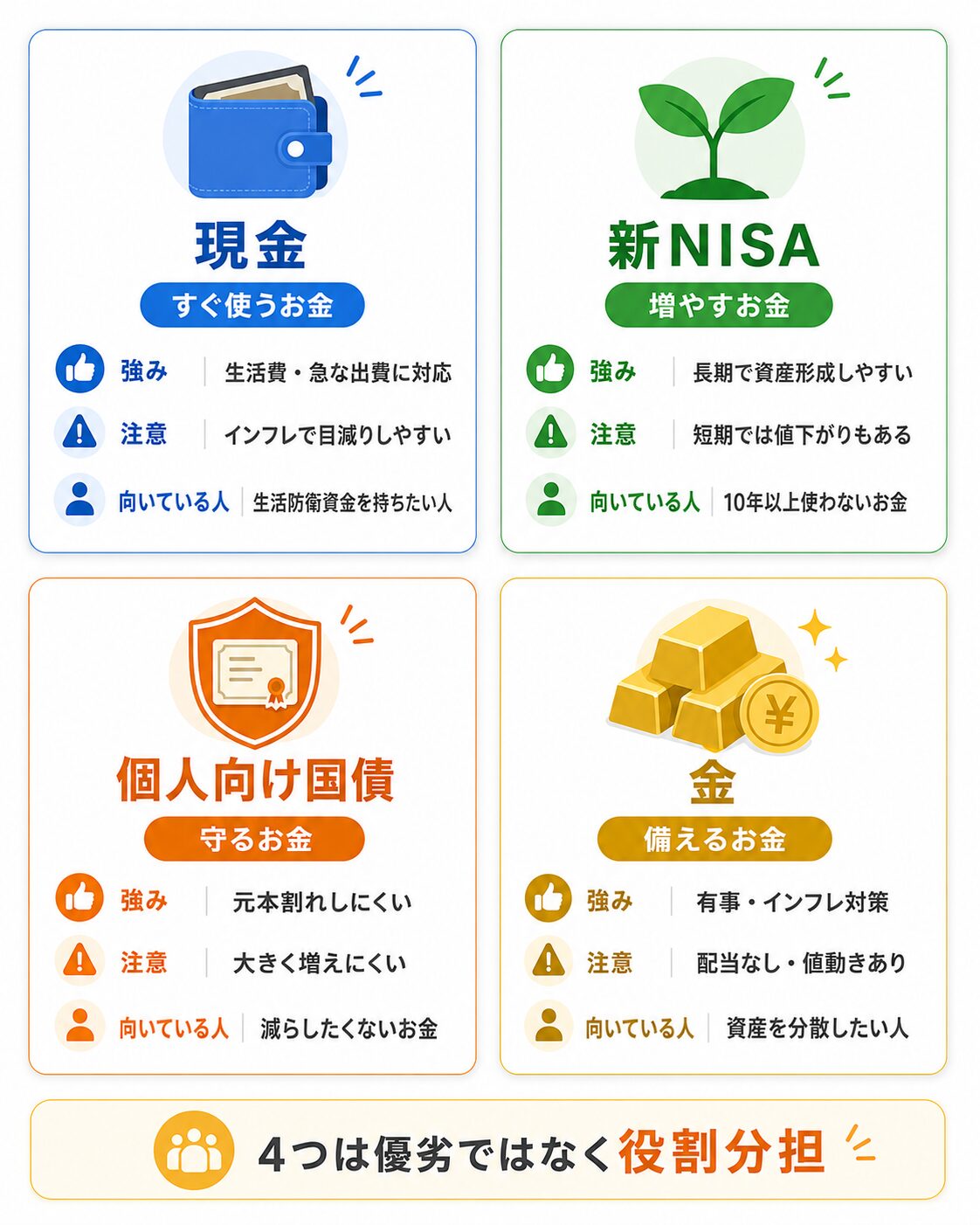 現金・新NISA・個人向け国債・金を役割別に整理した図解。現金はすぐ使うお金、新NISAは増やすお金、個人向け国債は守るお金、金は備えるお金
