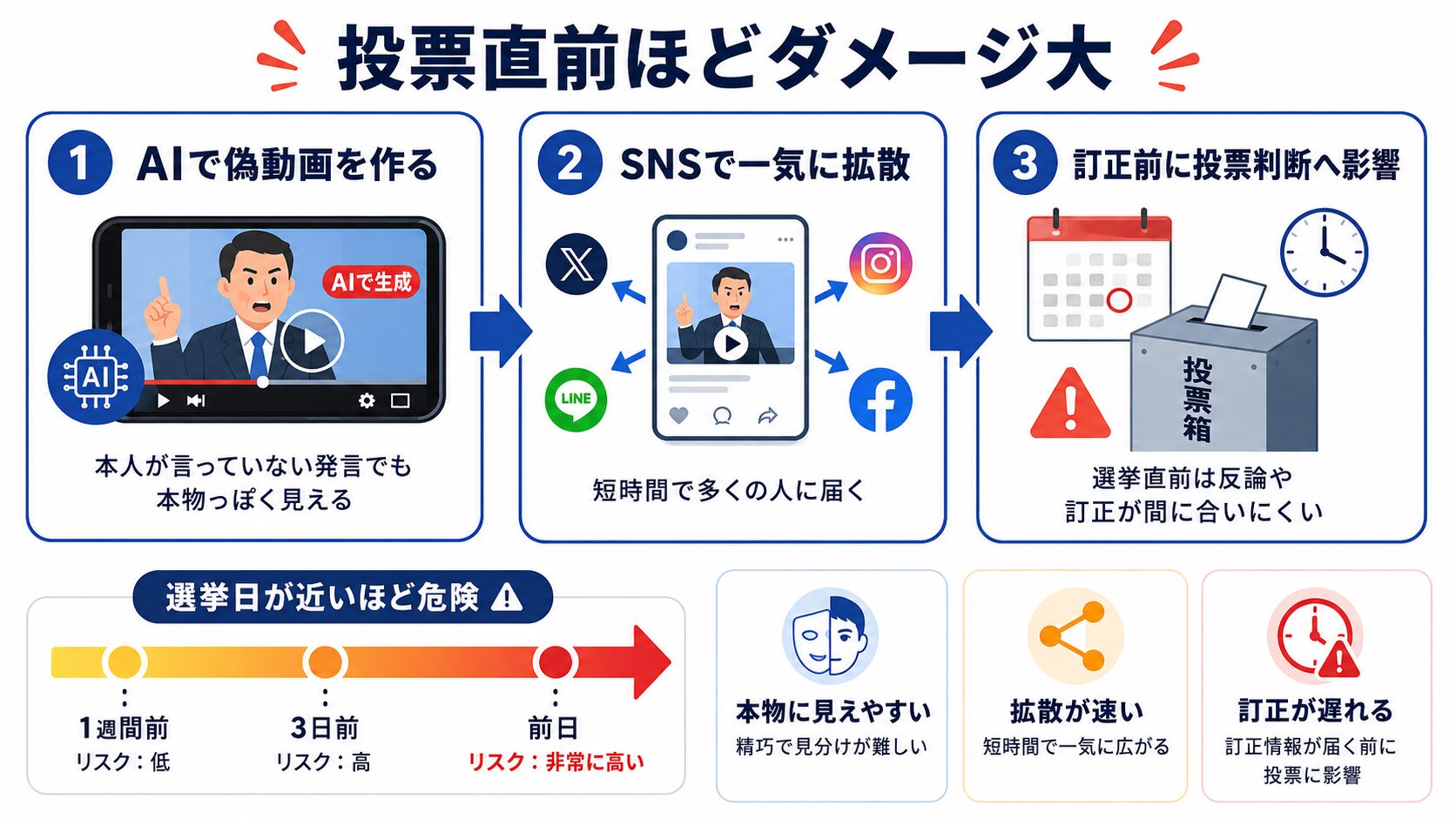 候補者のAI偽動画がSNSで拡散され、訂正前に投票判断へ影響する流れ
