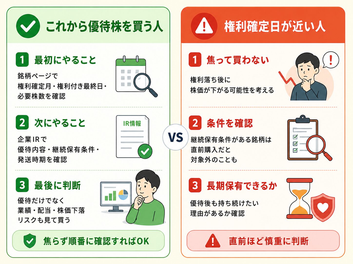 これから株主優待株を買う人と権利確定日が近い人が取るべき行動を比較した図解