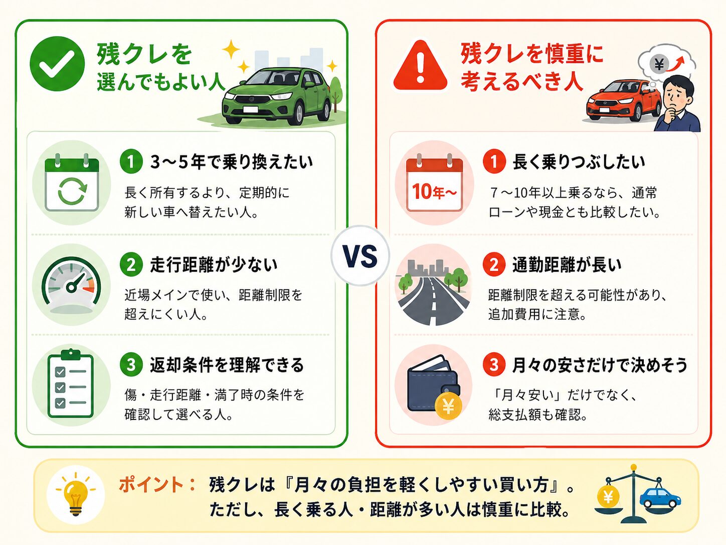 残クレを選んでもよい人と慎重に考えるべき人を比較した図解