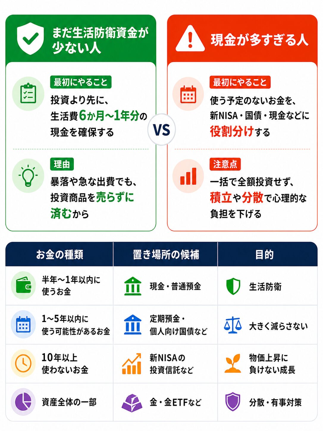 生活防衛資金が少ない人と現金が多すぎる人の行動シナリオを比較した図解。お金の置き場所を目的別に整理