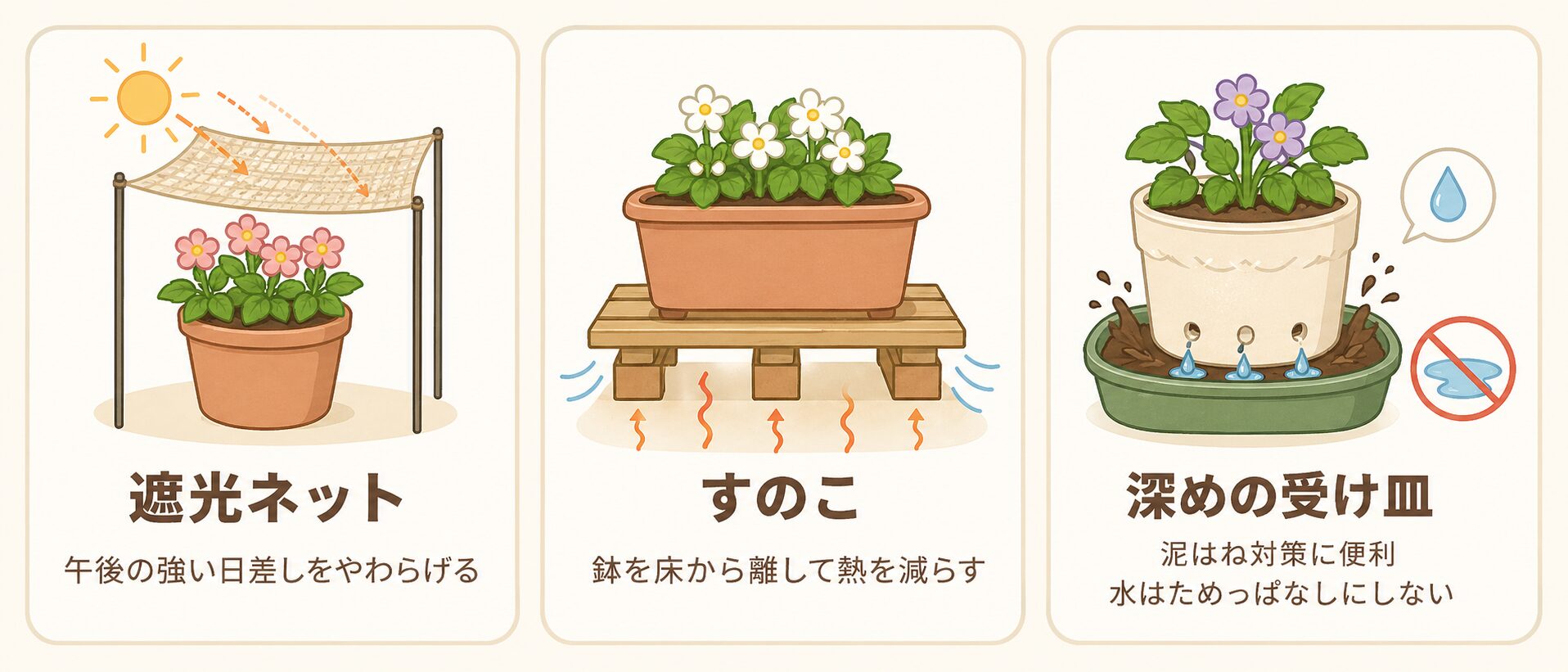 夏の家庭菜園で便利な暑さ対策グッズの図解。遮光ネット、すのこ、深めの受け皿を説明。