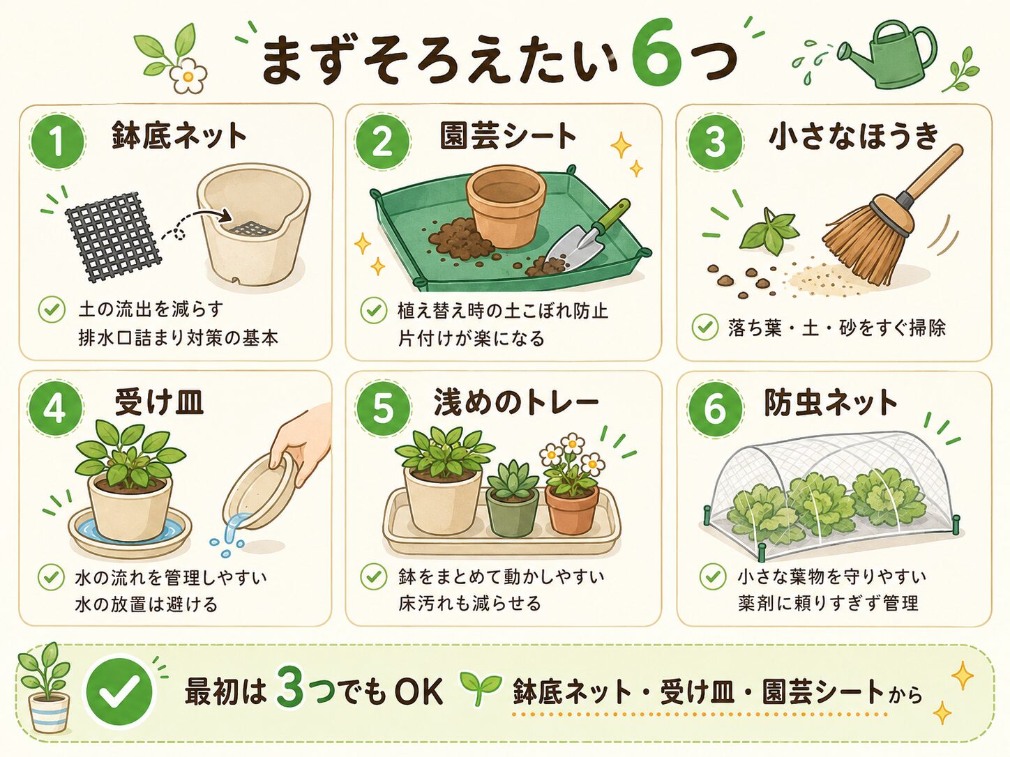 ベランダ菜園であると便利な道具。鉢底ネット、園芸シート、小さなほうき、受け皿、浅めのトレー、防虫ネットを示した図解