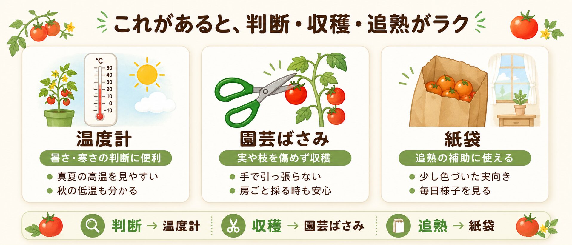 ミニトマトの判断・収穫・追熟に便利な温度計、園芸ばさみ、紙袋の図解