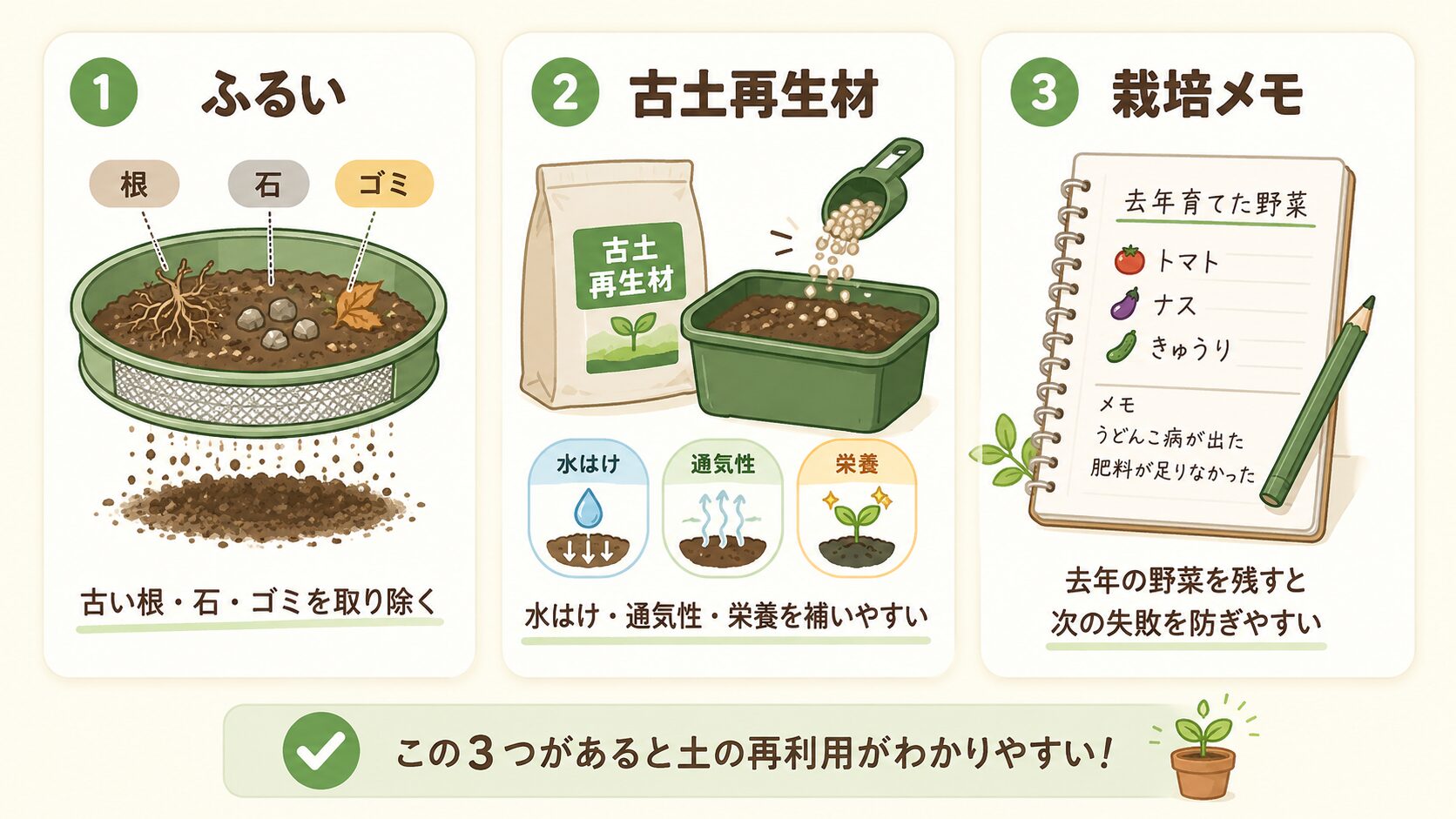 ふるい、古土再生材、栽培メモの3つの便利道具を紹介する図解