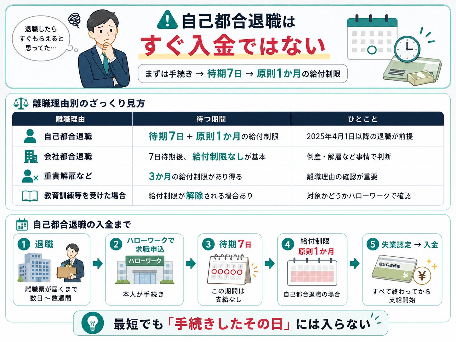 自己都合退職では失業保険がすぐ入金されないことを、待期7日・給付制限・失業認定・入金までの流れで整理した図解