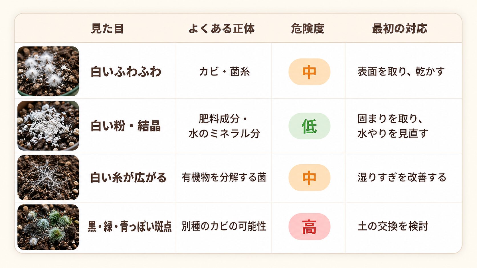 白いふわふわ・白い粉・白い糸・黒や緑の斑点の見分け方