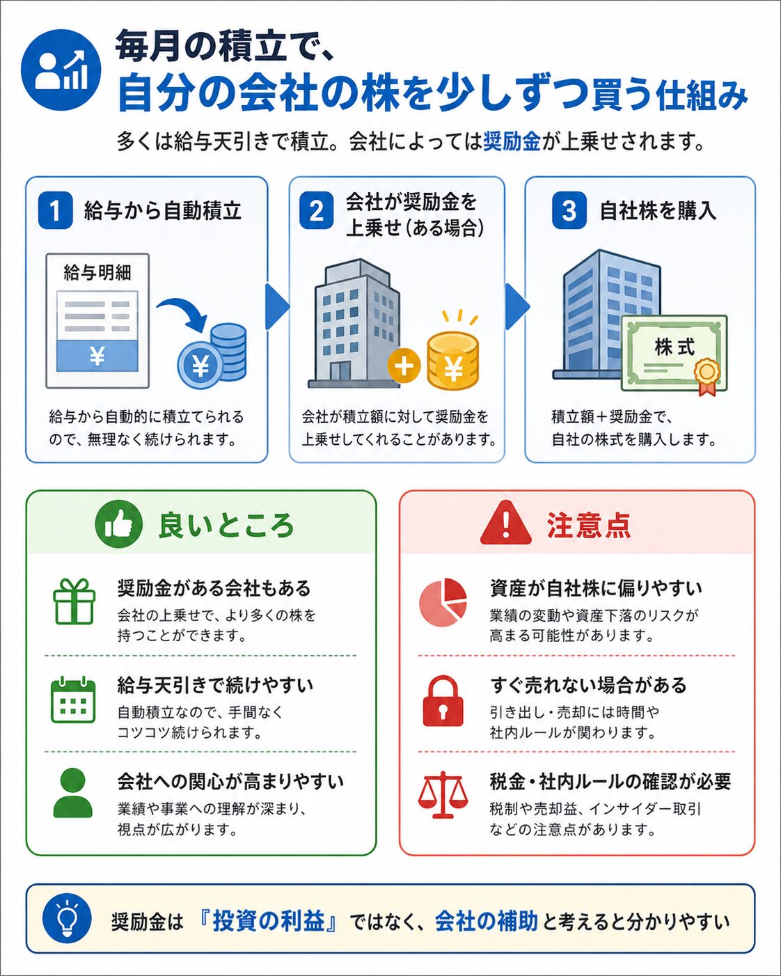 給与天引きで自社株を少しずつ購入する従業員持株会の仕組みを説明した図解