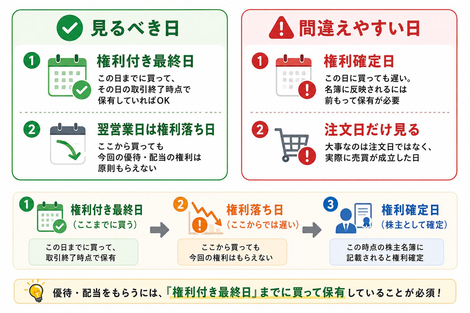 権利確定日に買うと株主優待に間に合わない理由を説明した図解