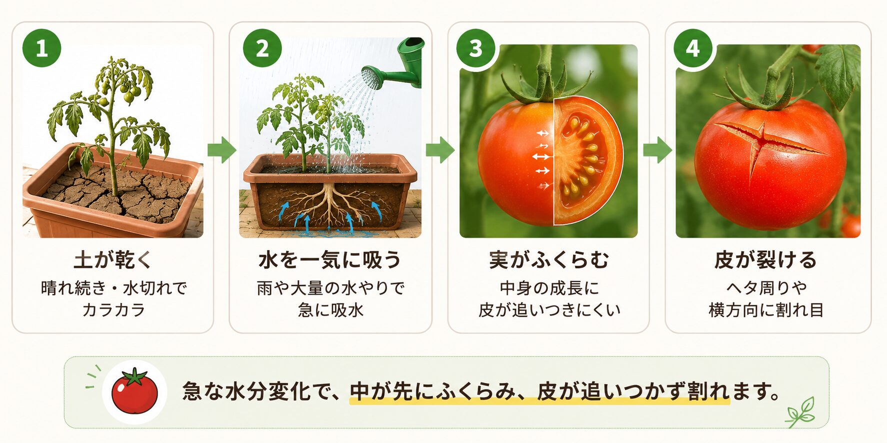 ミニトマトが急な吸水で割れる仕組みを説明した図解