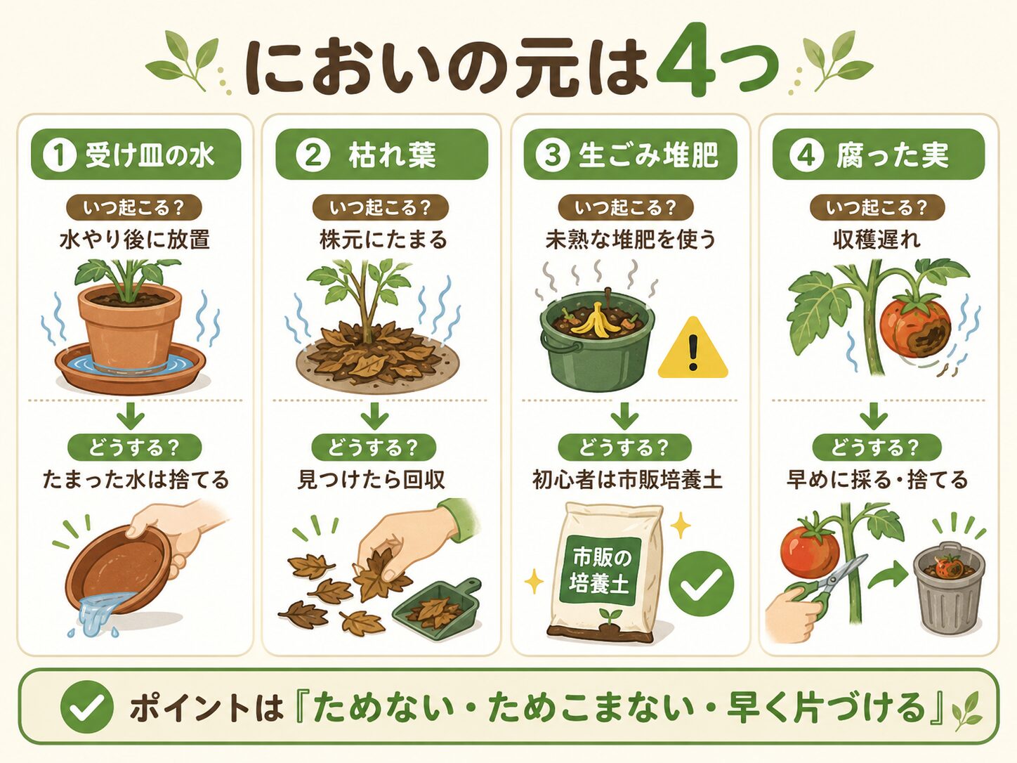 ベランダ菜園でにおいを出さないための対策。受け皿の水、枯れ葉、生ごみ堆肥、腐った実の原因と対策を示した図解