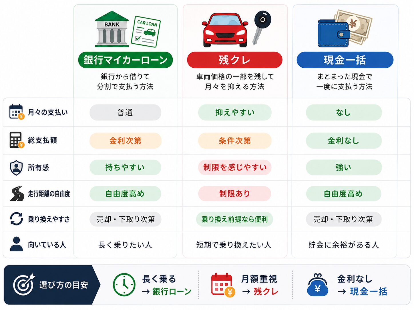 残クレ、銀行マイカーローン、現金一括を月々の支払い、総支払額、所有感、走行距離の自由度で比較した表