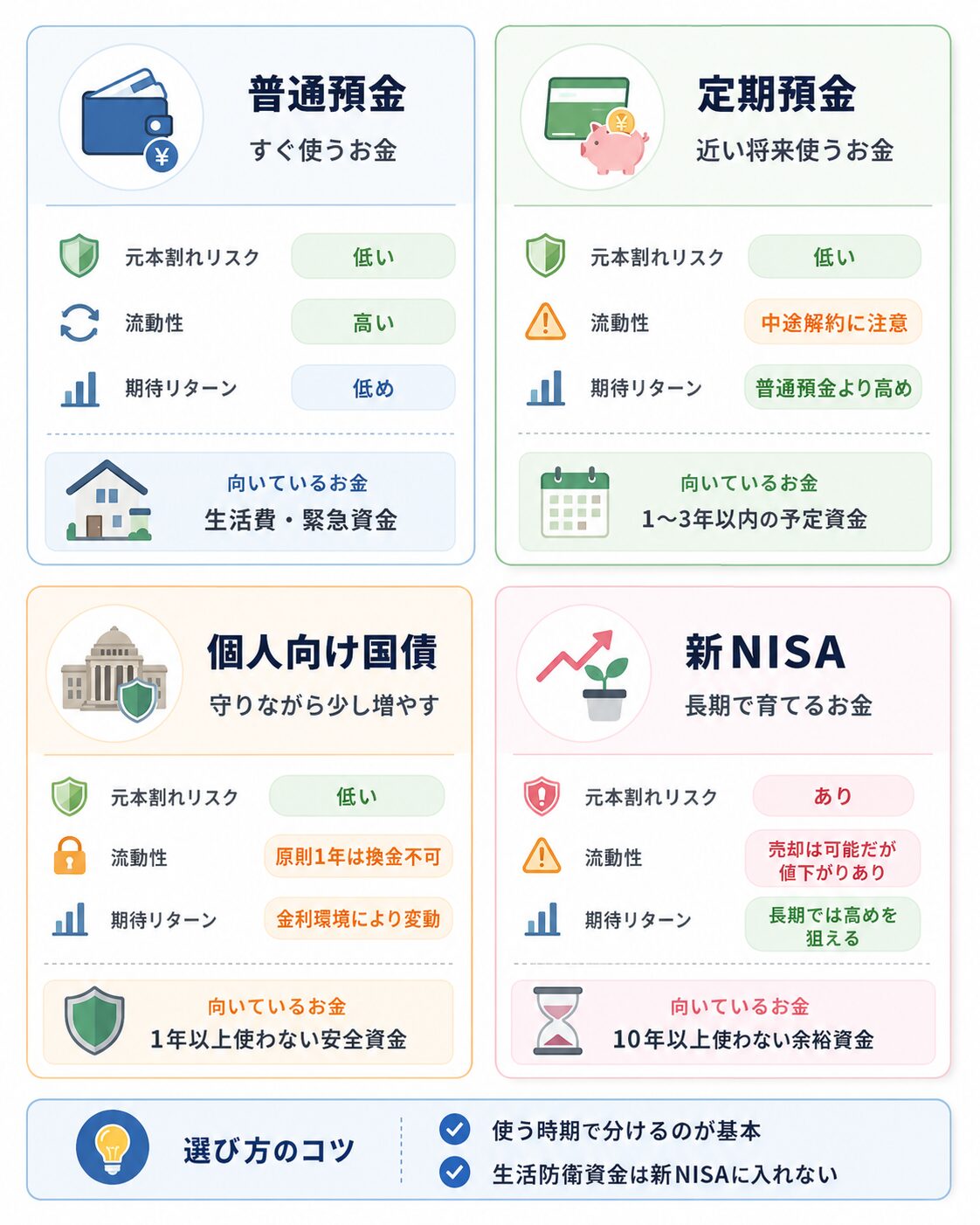 普通預金、定期預金、個人向け国債、新NISAの役割、元本割れリスク、流動性、期待リターンを比較した図解