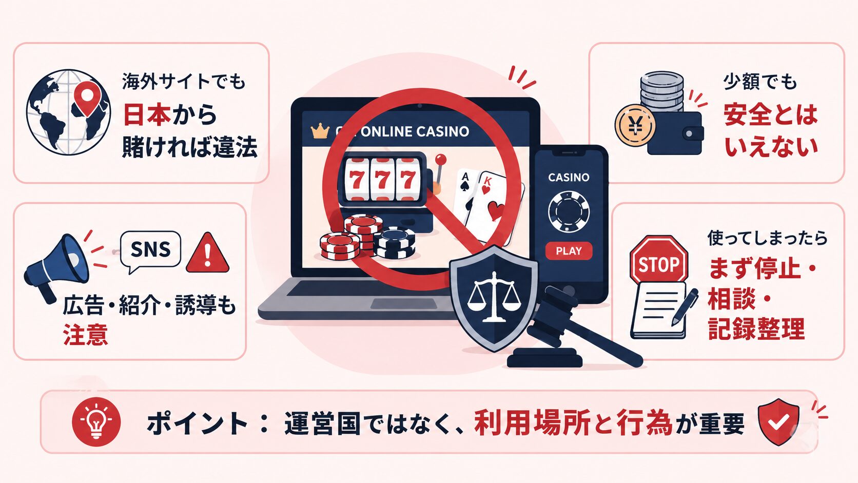 オンラインカジノは遊びではなく賭博リスクがあることを示す図解
