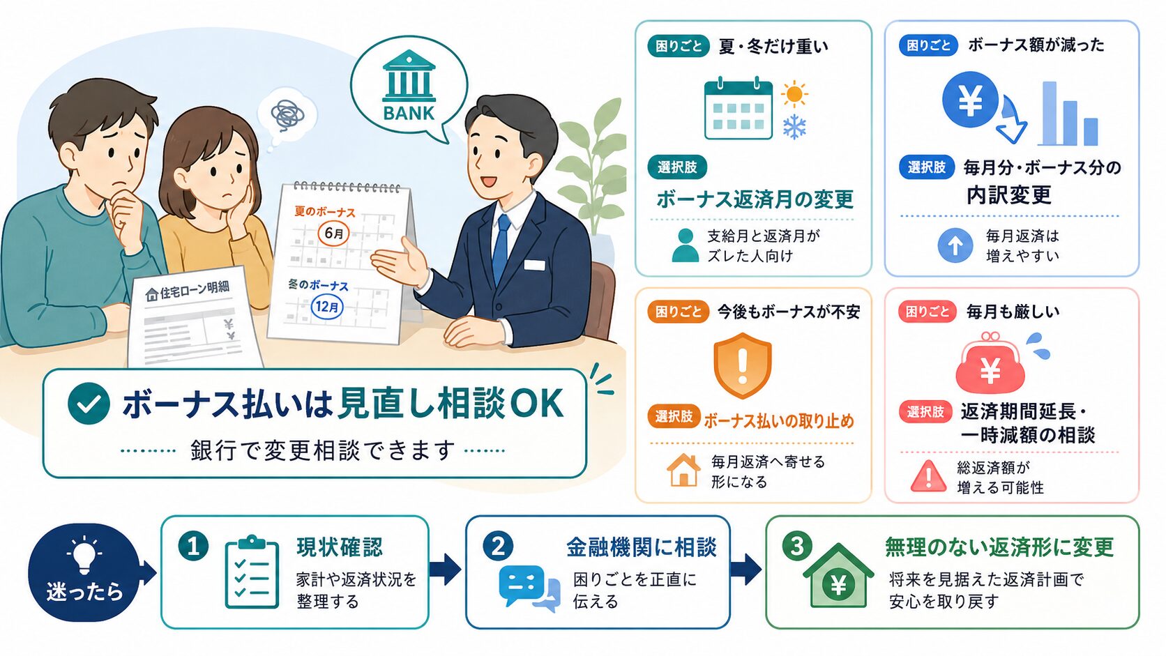 住宅ローンのボーナス払いは返済月変更、内訳変更、取り止め、返済期間延長を相談できることを示した図解