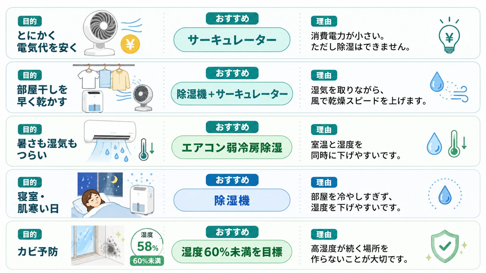 梅雨の湿気対策は目的別に、サーキュレーター・除湿機・エアコン除湿を使い分けることを示した図解