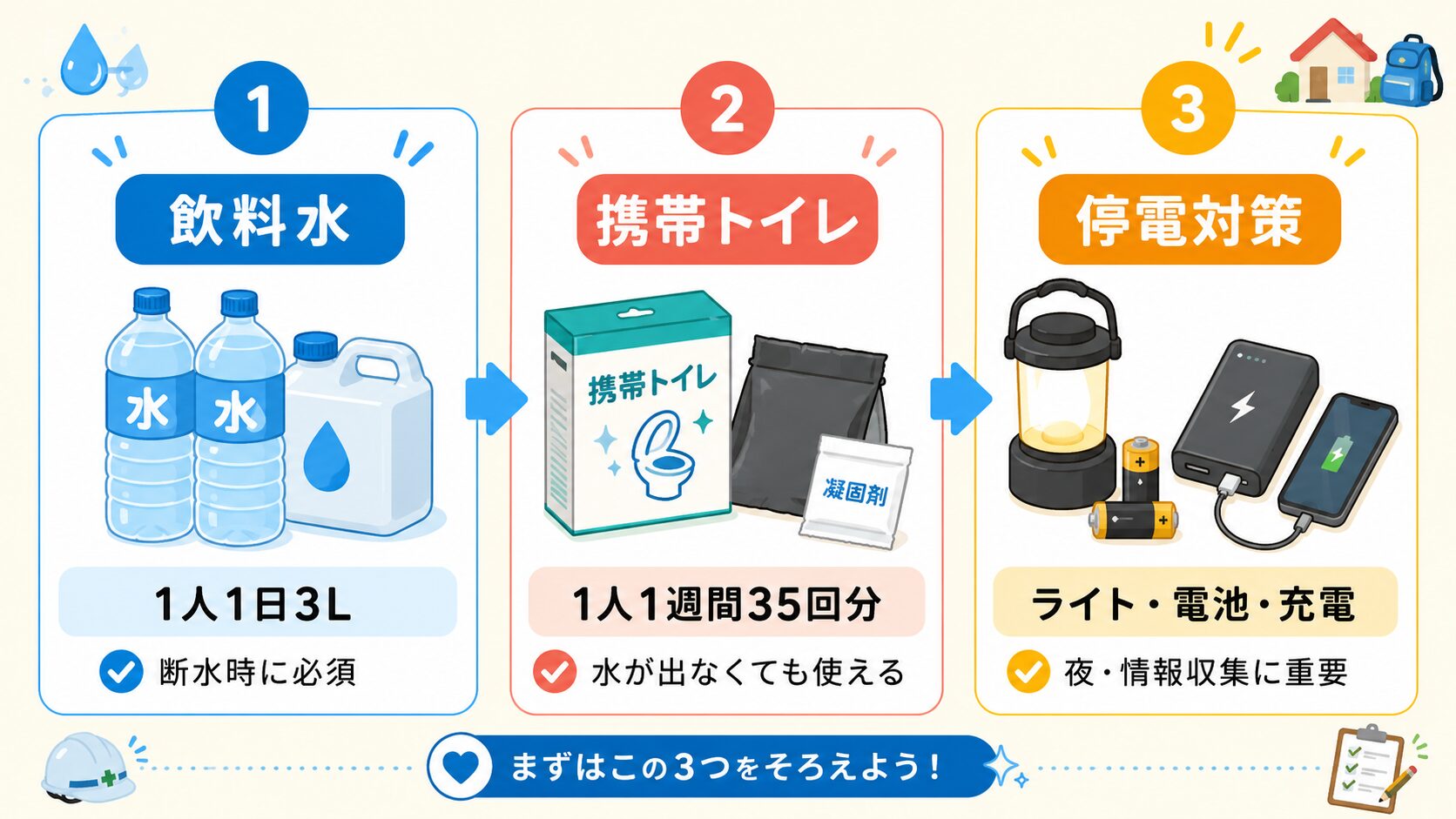 防災備蓄で最初にそろえる飲料水、携帯トイレ、停電対策をまとめた図解