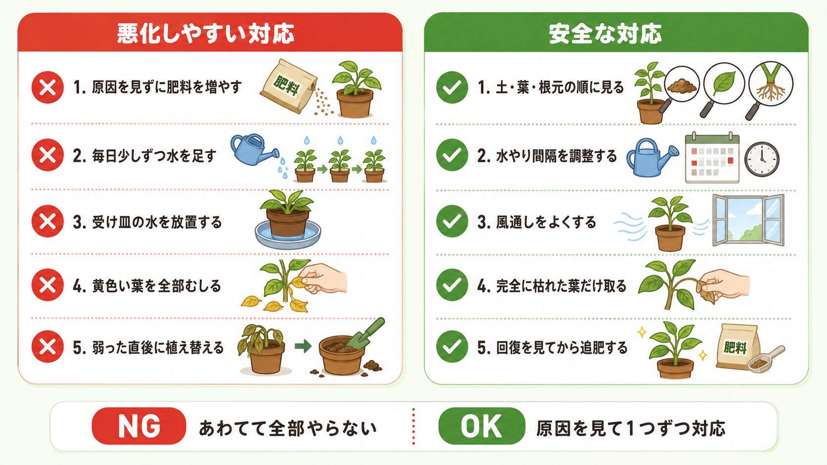 黄色い葉に対してやってはいけない対応と安全な対応を比較した図解
