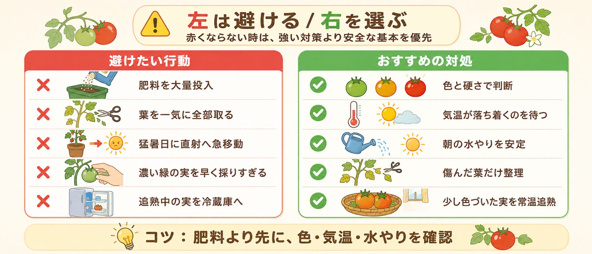 ミニトマトが赤くならない時に避けたい行動とおすすめ対処を比較した図解