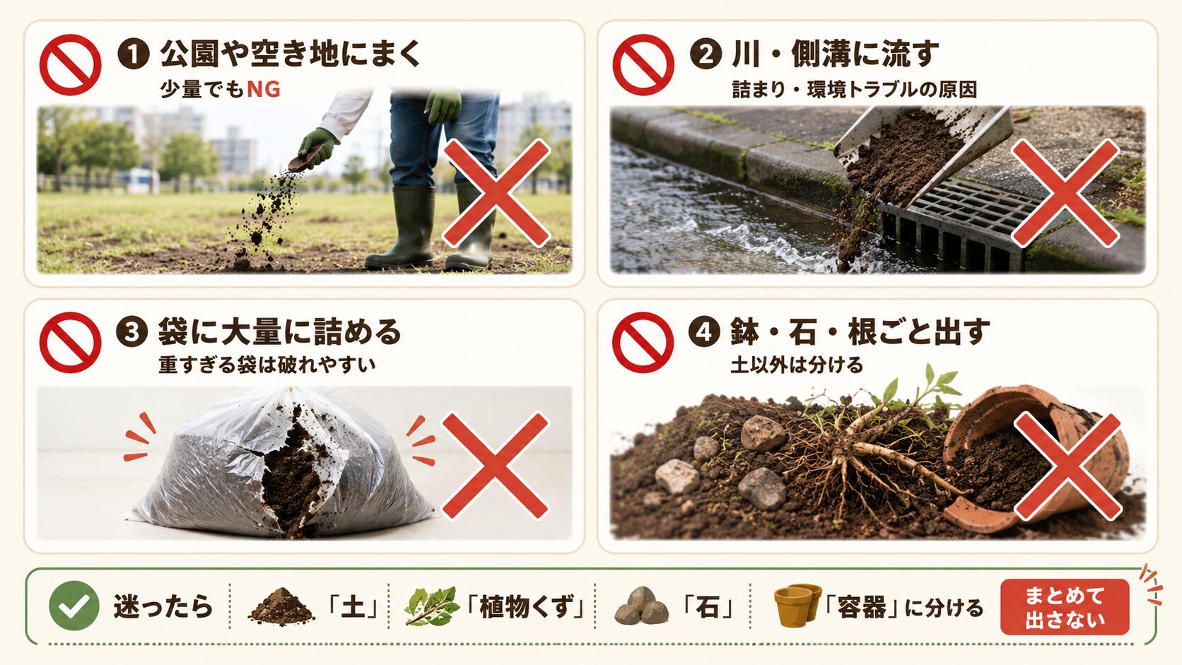 古い土を公園にまく・側溝に流す・大量に袋へ詰める・鉢や石ごと出すNG例を示した図解