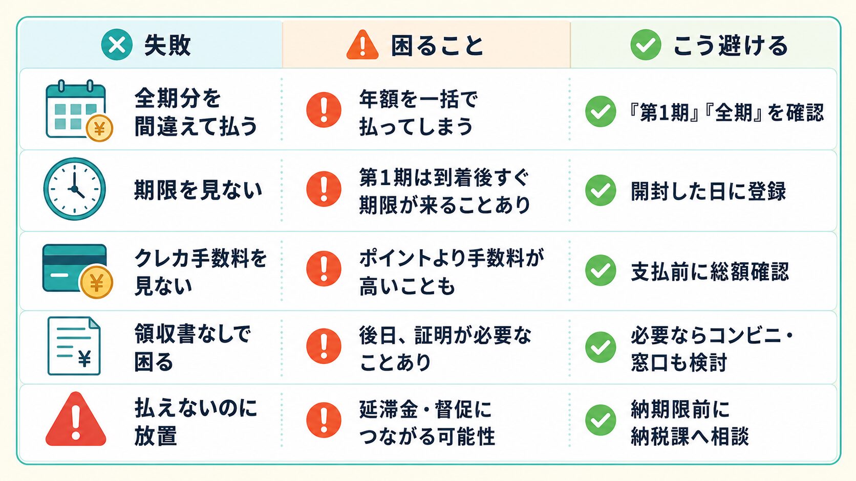 住民税の納付書でよくある失敗と対策をまとめた図