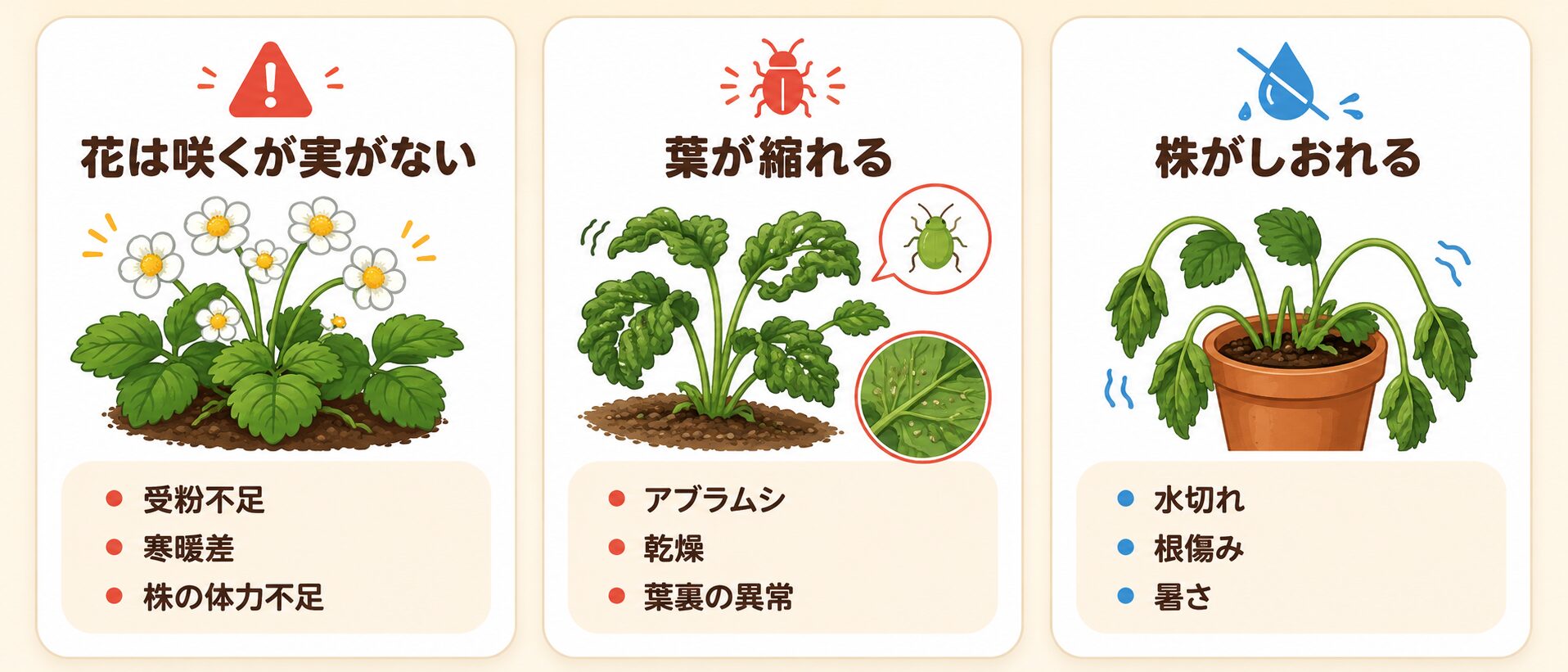 いちご栽培でよくある失敗。花は咲くが実がならない、葉が縮れる、株がしおれる原因を示した図解