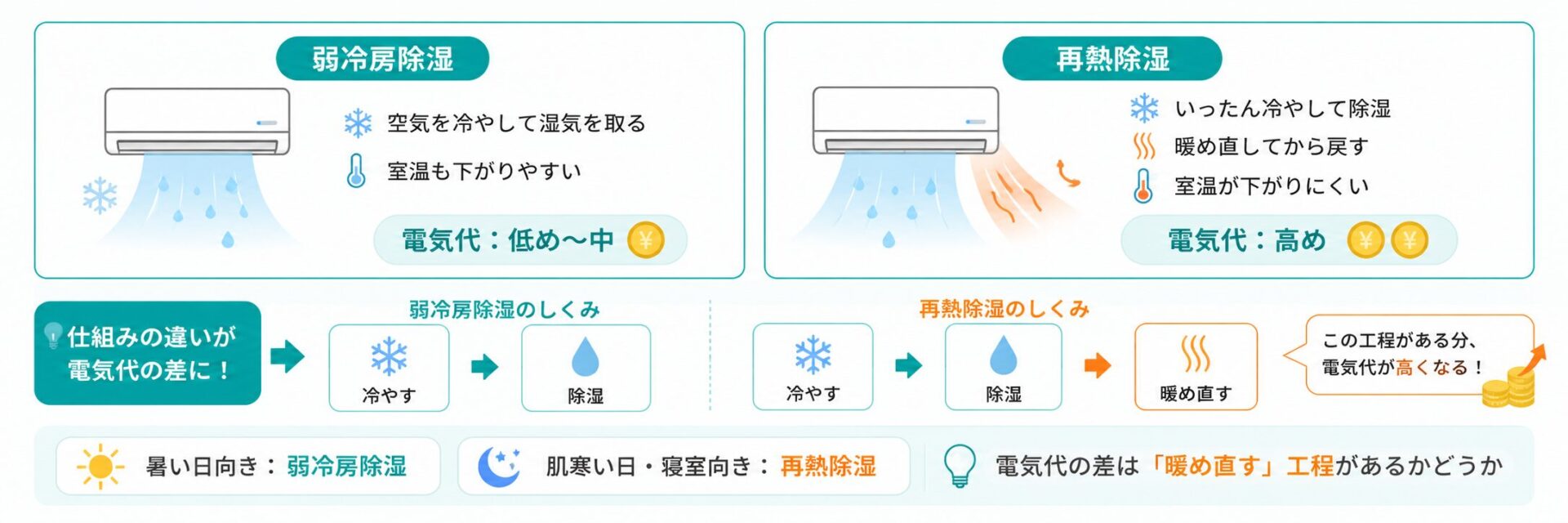 弱冷房除湿と再熱除湿の違いを、暑い日・肌寒い日・電気代で比較した図解