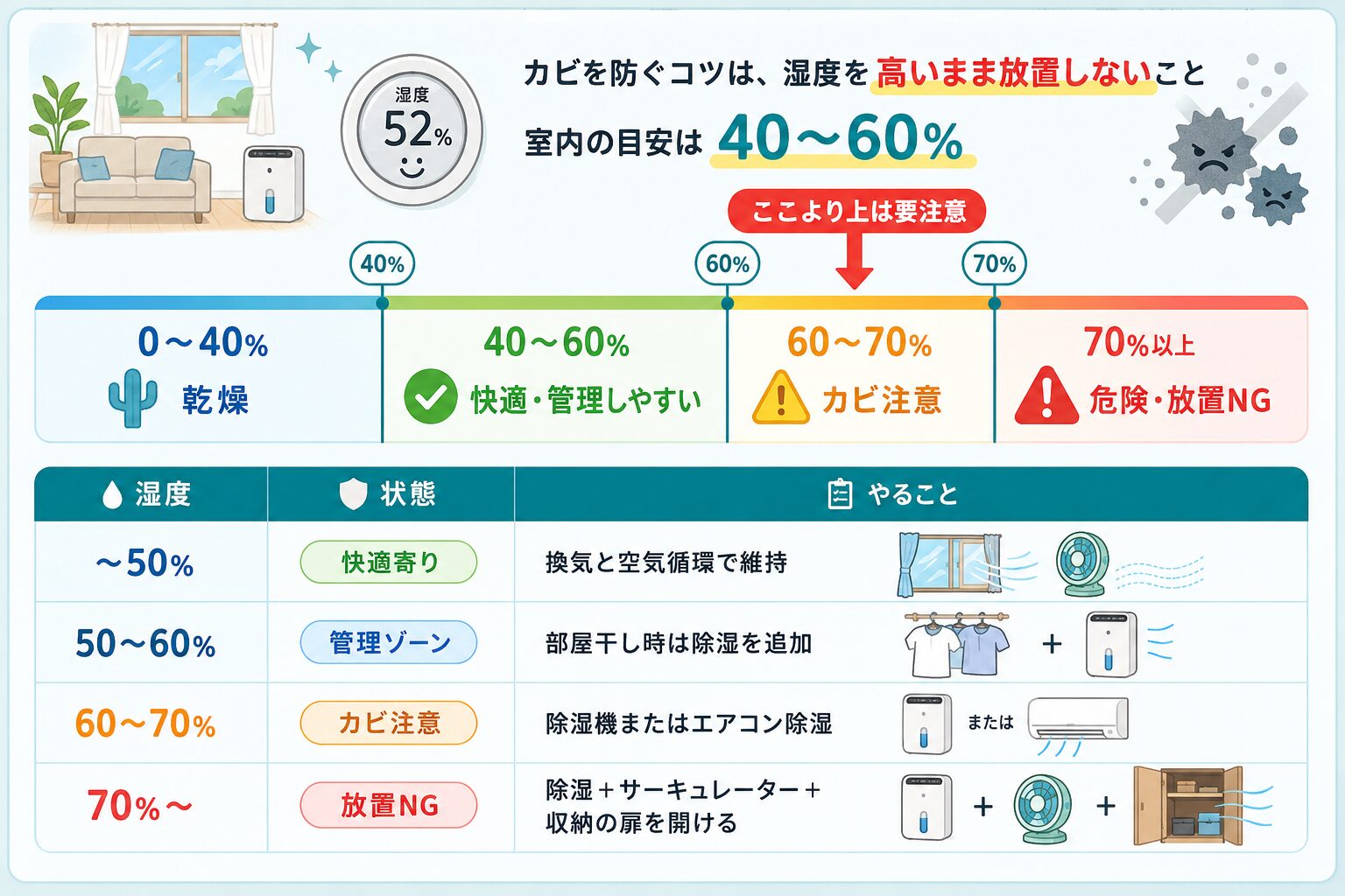 湿度40から60パーセントを快適ゾーン、60パーセント超をカビ注意として示した湿度管理の図解