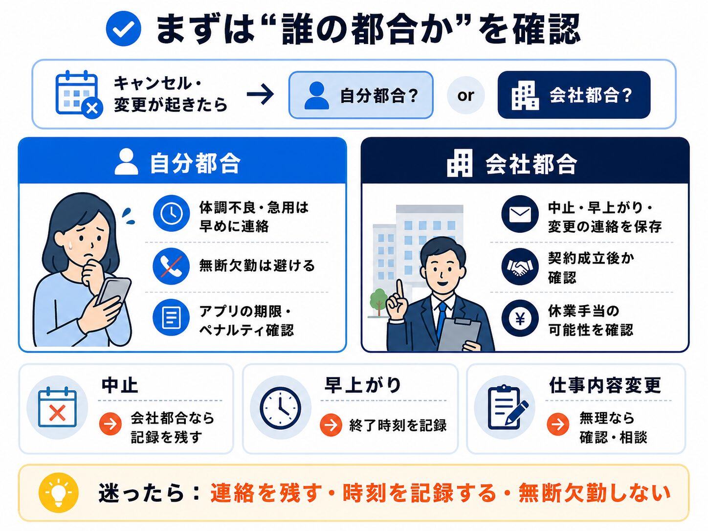 スポットワークのキャンセルを自分都合と会社都合に分けて確認する図解