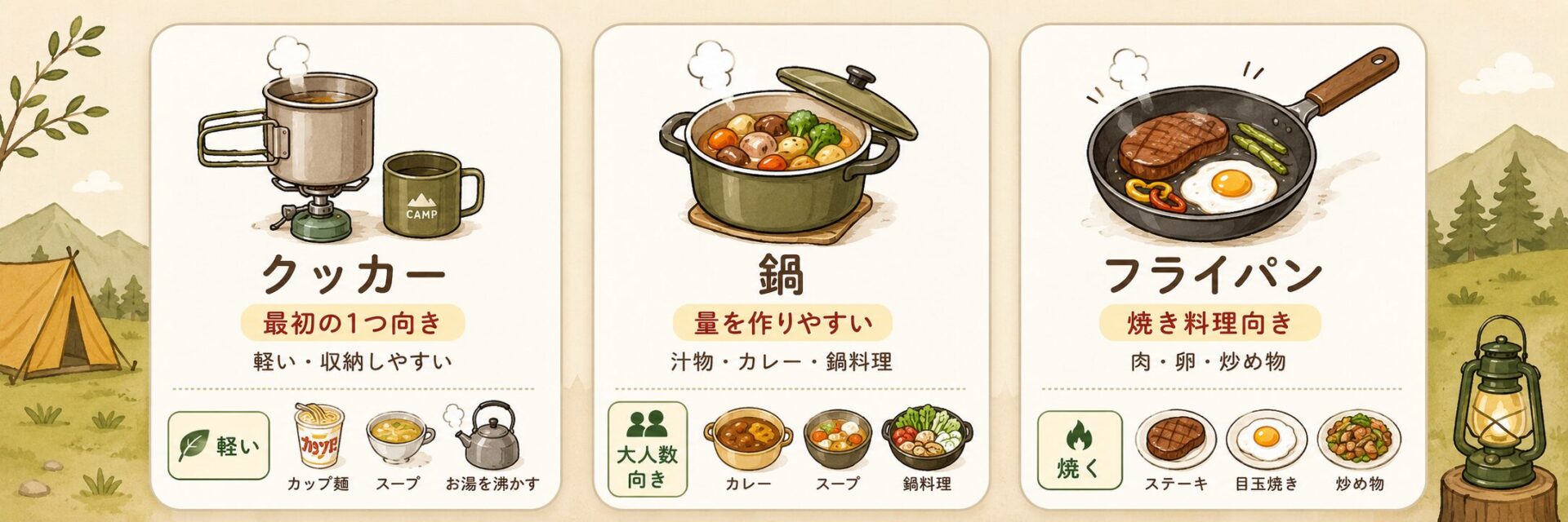 キャンプ初心者向けのクッカー・鍋・フライパンの違い。クッカーは最初の1つ向き、鍋は量を作りやすい、フライパンは焼き料理向き