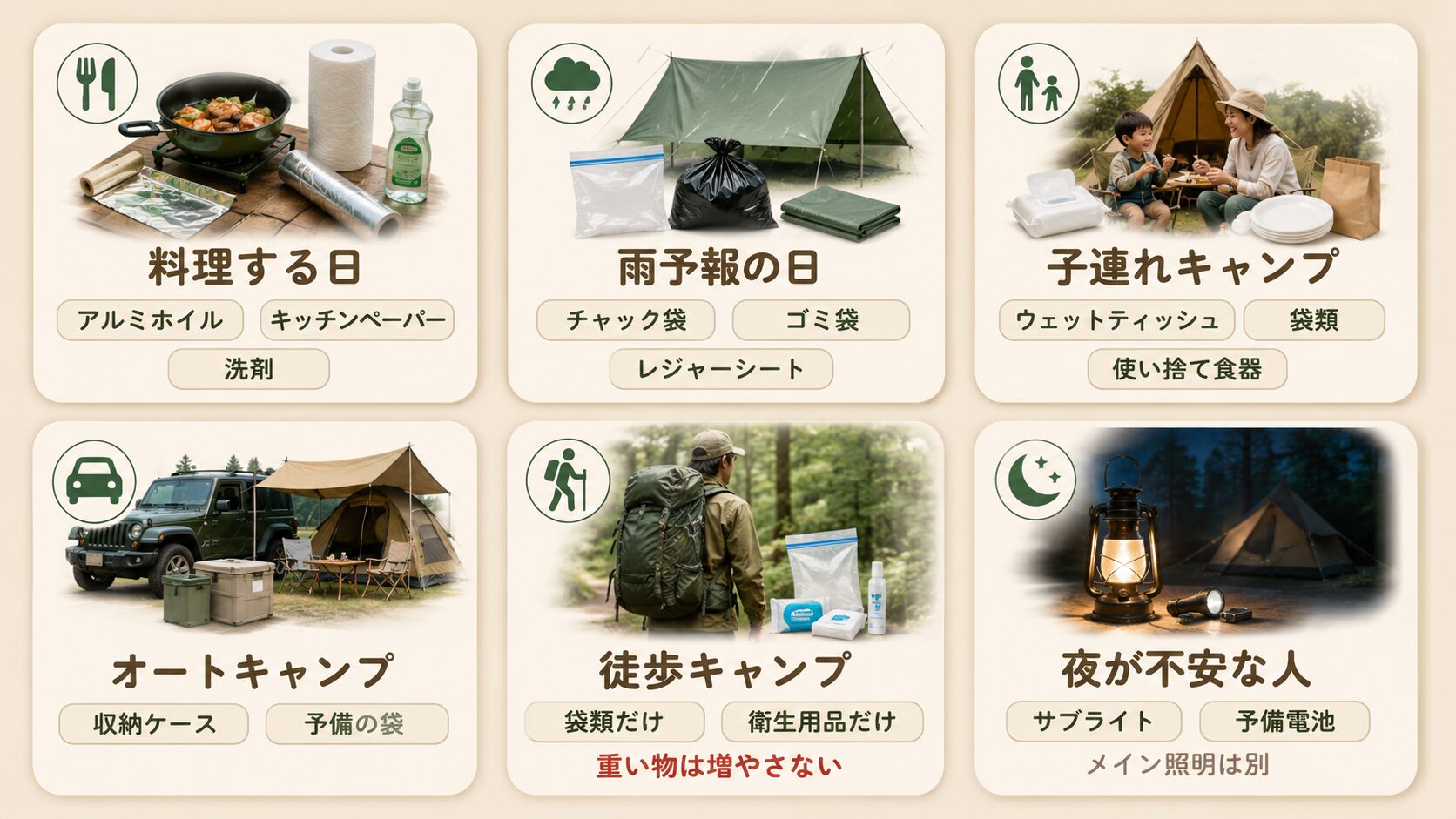 料理する日、雨予報の日、子連れキャンプ、オートキャンプ、徒歩キャンプ、夜が不安な人の持ち物を示した図