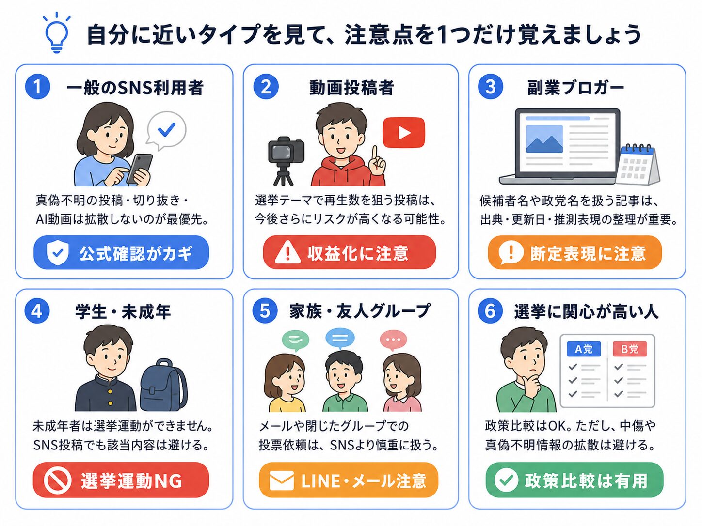 一般SNS利用者、動画投稿者、副業ブロガー、学生、家族グループ、選挙に関心が高い人の注意点