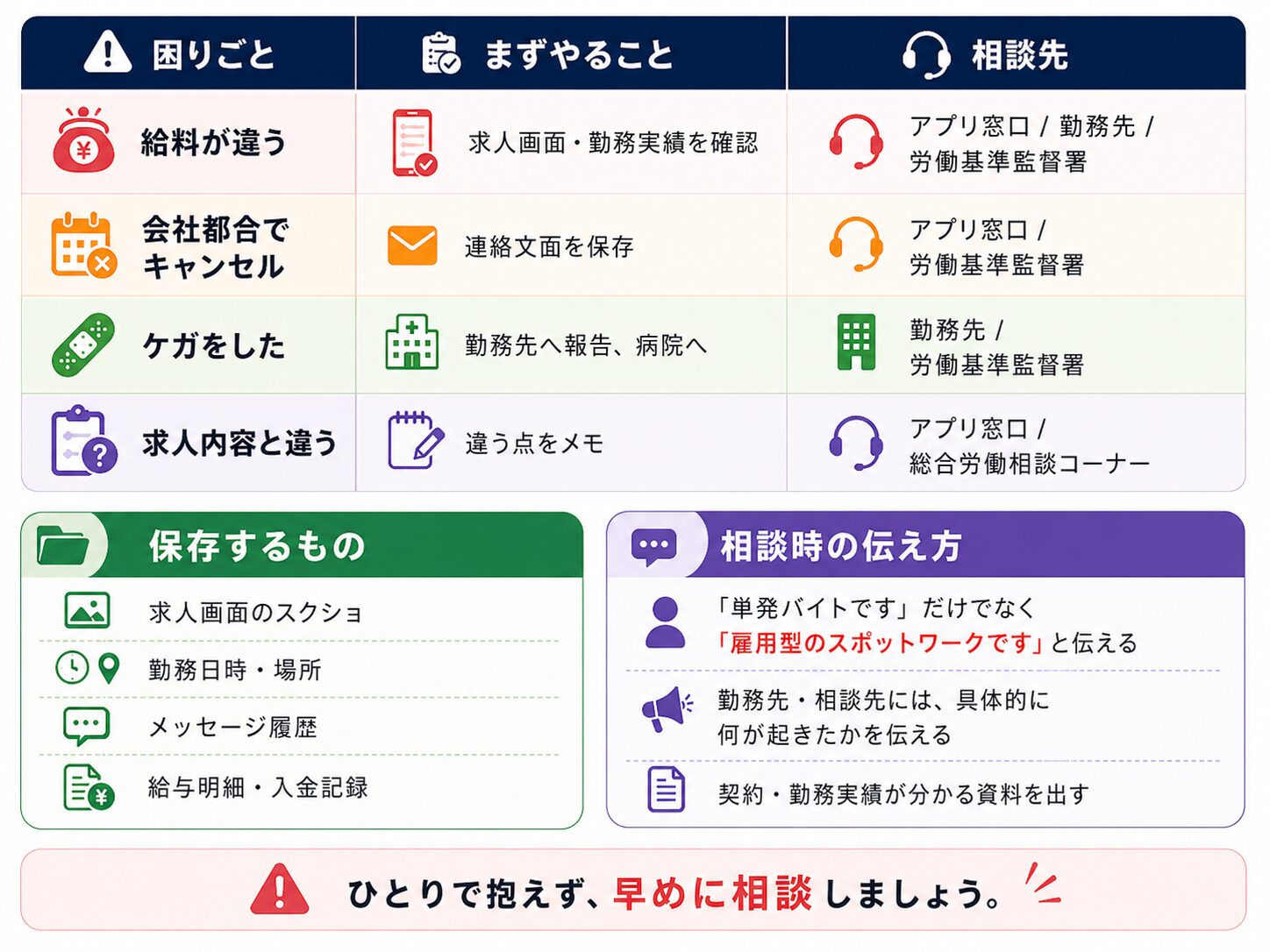 スポットワークで給料違い、会社都合キャンセル、ケガ、求人内容違いが起きた時の相談先を示した図解