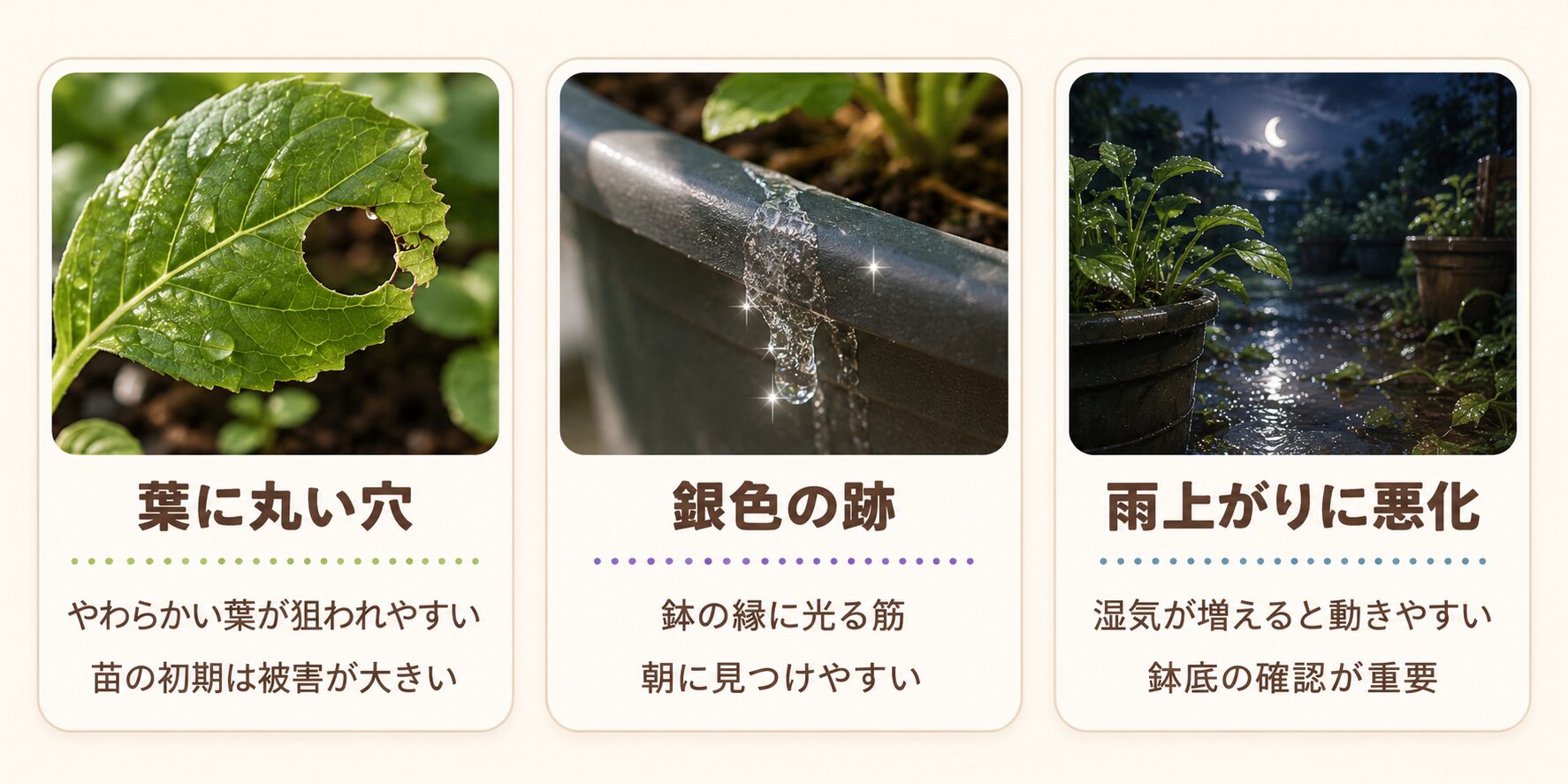 ナメクジ被害の見分け方。葉に丸い穴、銀色の跡、雨上がりに悪化する様子を示した図解