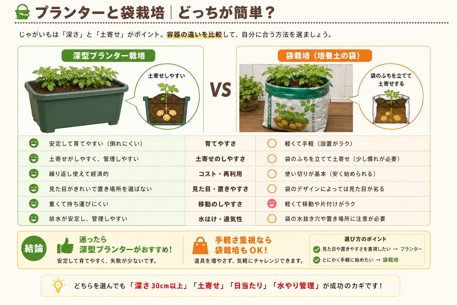 じゃがいもの袋栽培のやり方。袋の上を開ける、水抜き穴を作る、ふちを立てて土寄せスペースを確保する流れを示した図解